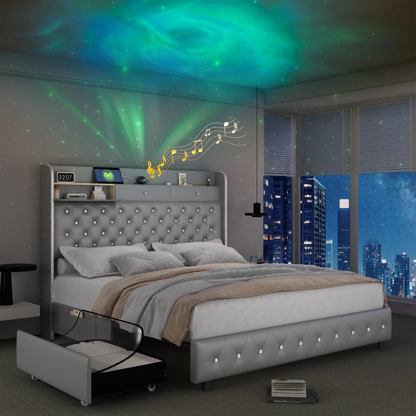 LED Bed Frame with Galaxy Projector and Charging Station