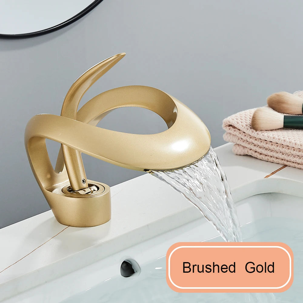 Gold Brass Waterfall Bathroom Faucet Single Handle Mixer Tap