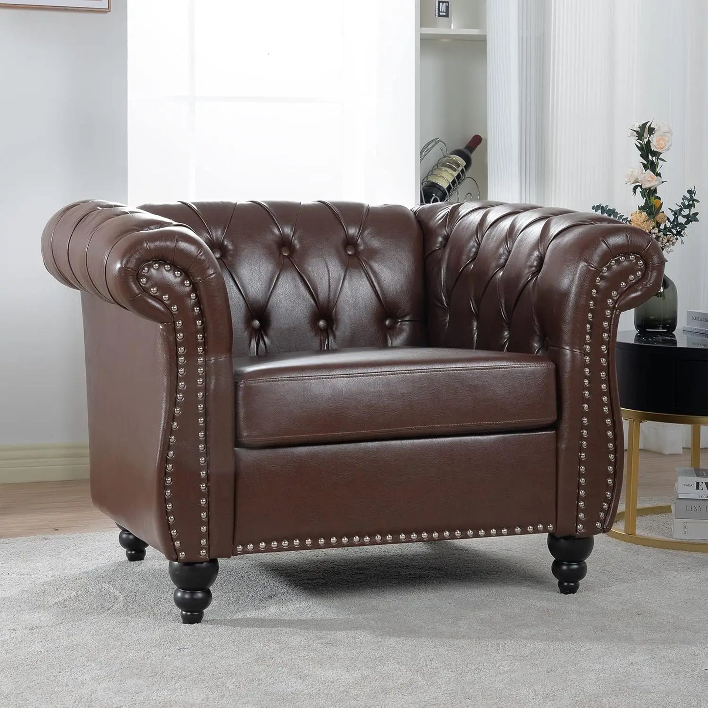 Dark Brown Leather Chesterfield Chair Mid Century Modern Sofa