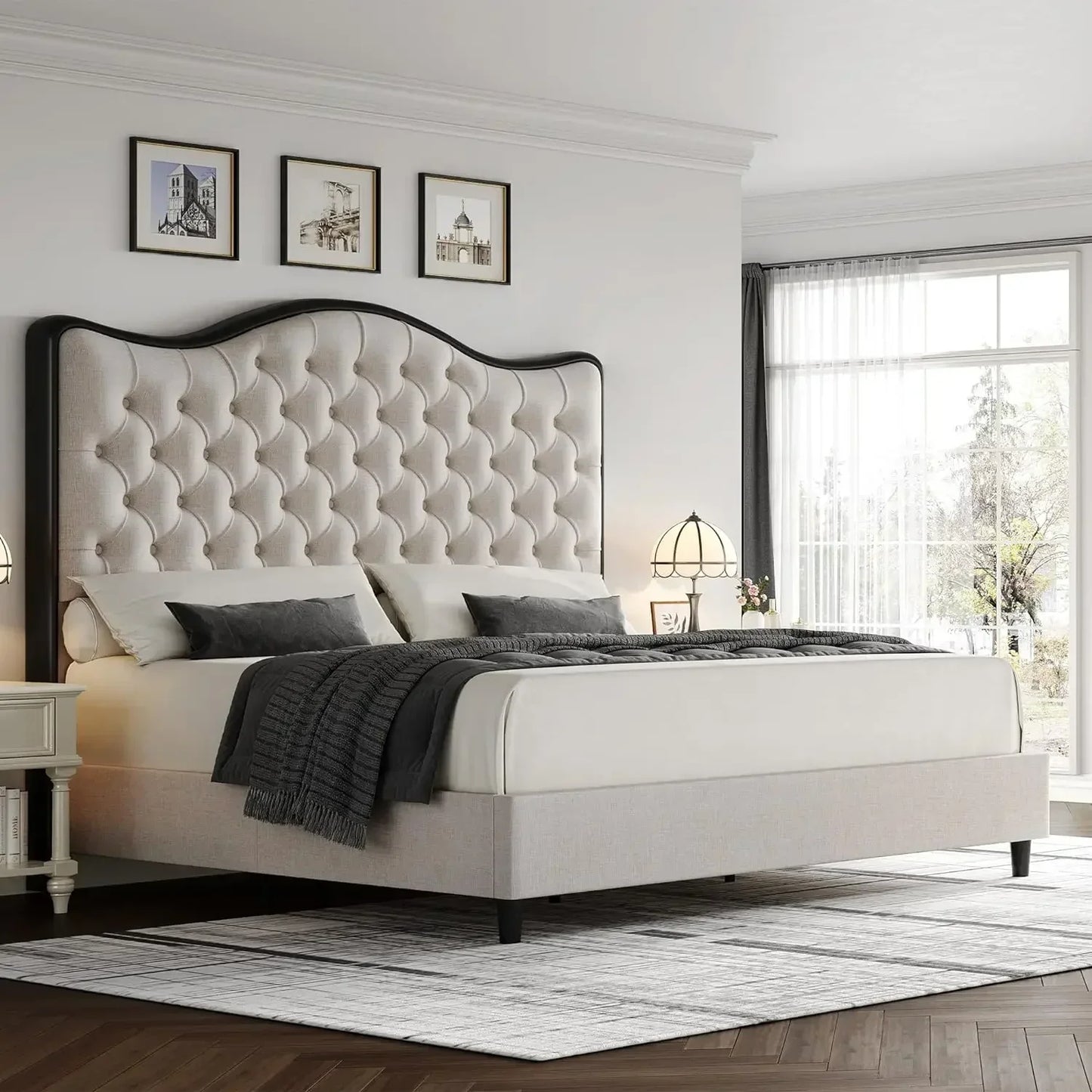Modern Velvet Upholstered Queen King Size Platform Bed Frame