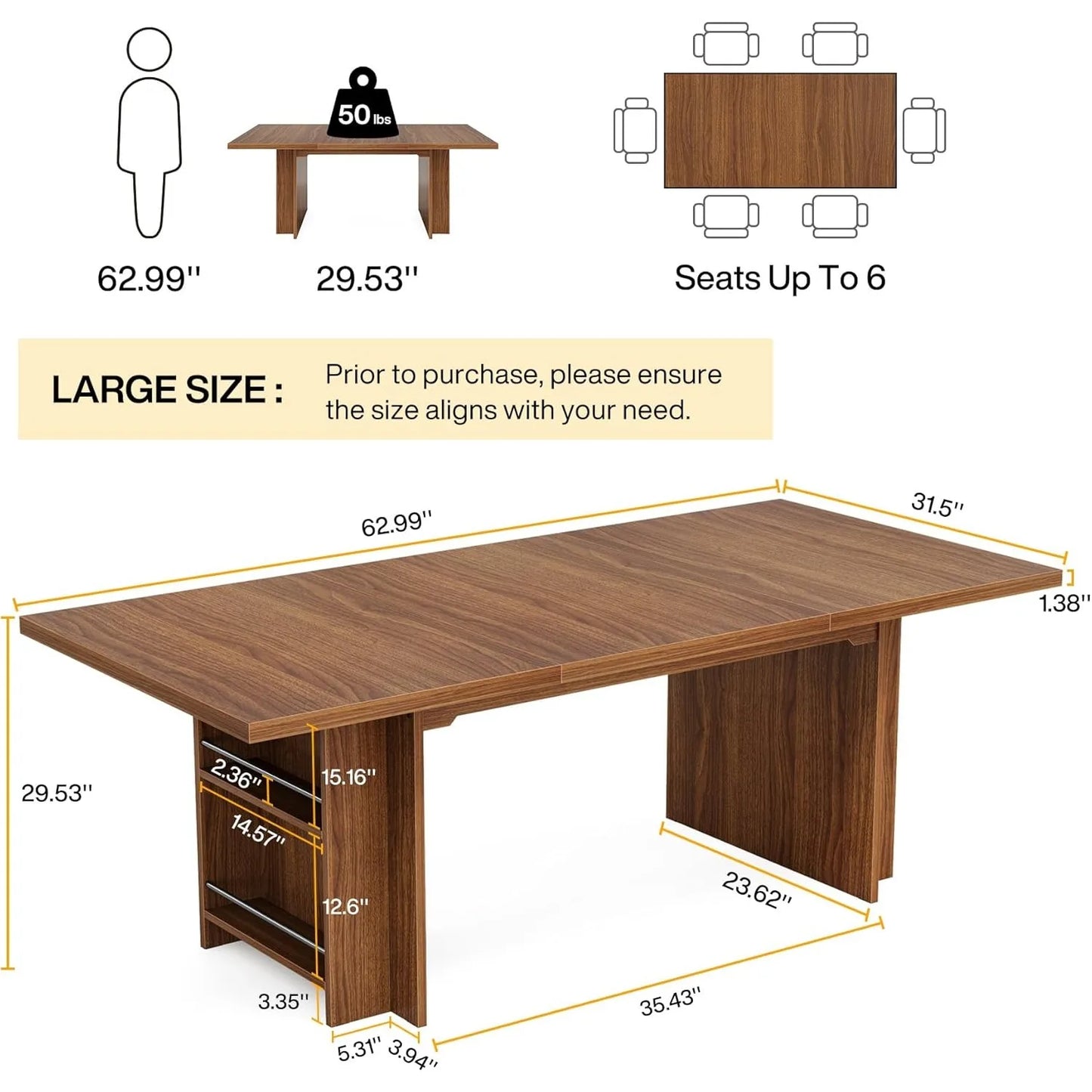 Farmhouse Dining Table for 6 to 8 with Storage 63 Inch Rectangular