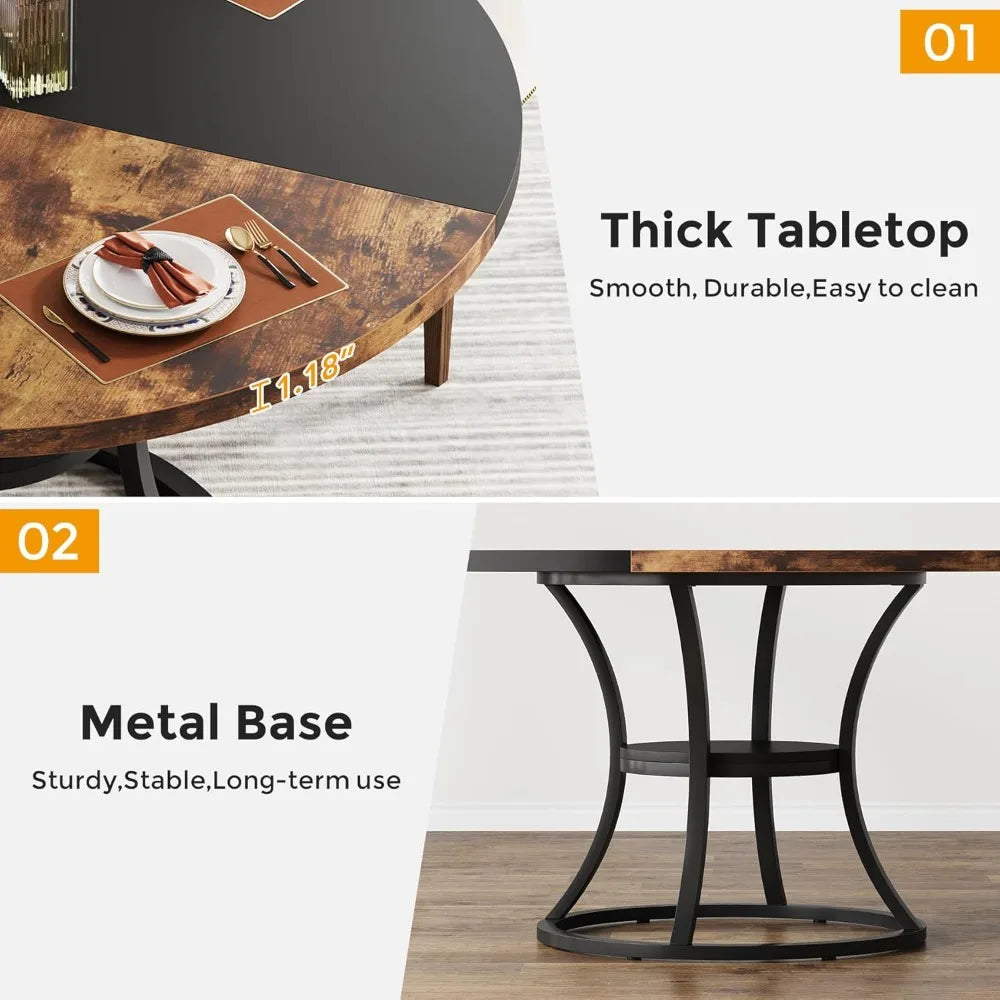 Round Dining Table for 4 to 6 with Storage Shelf and Metal Base