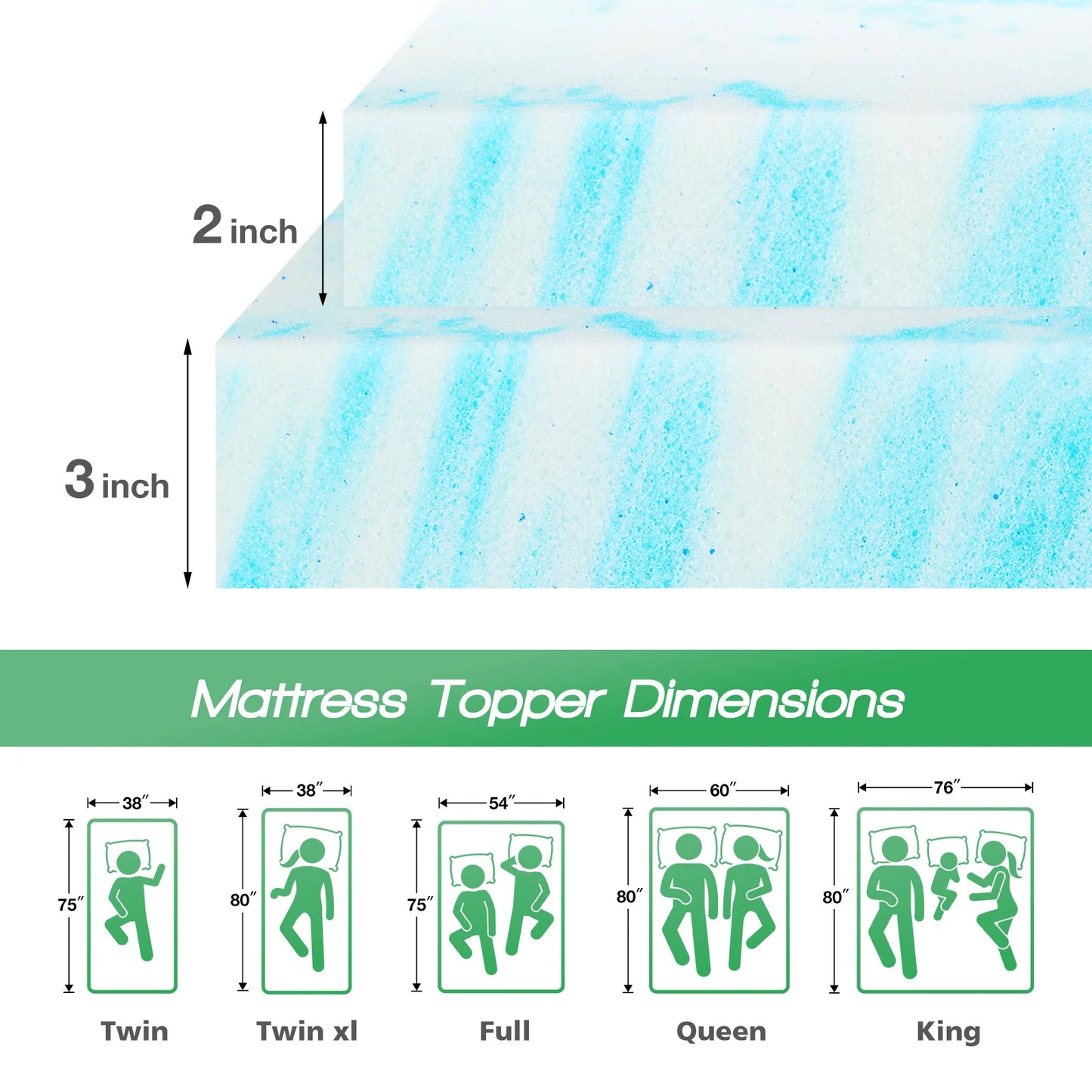 JHK 2-3 Inch Full Size Gel Memory Foam Mattress Topper Cooling