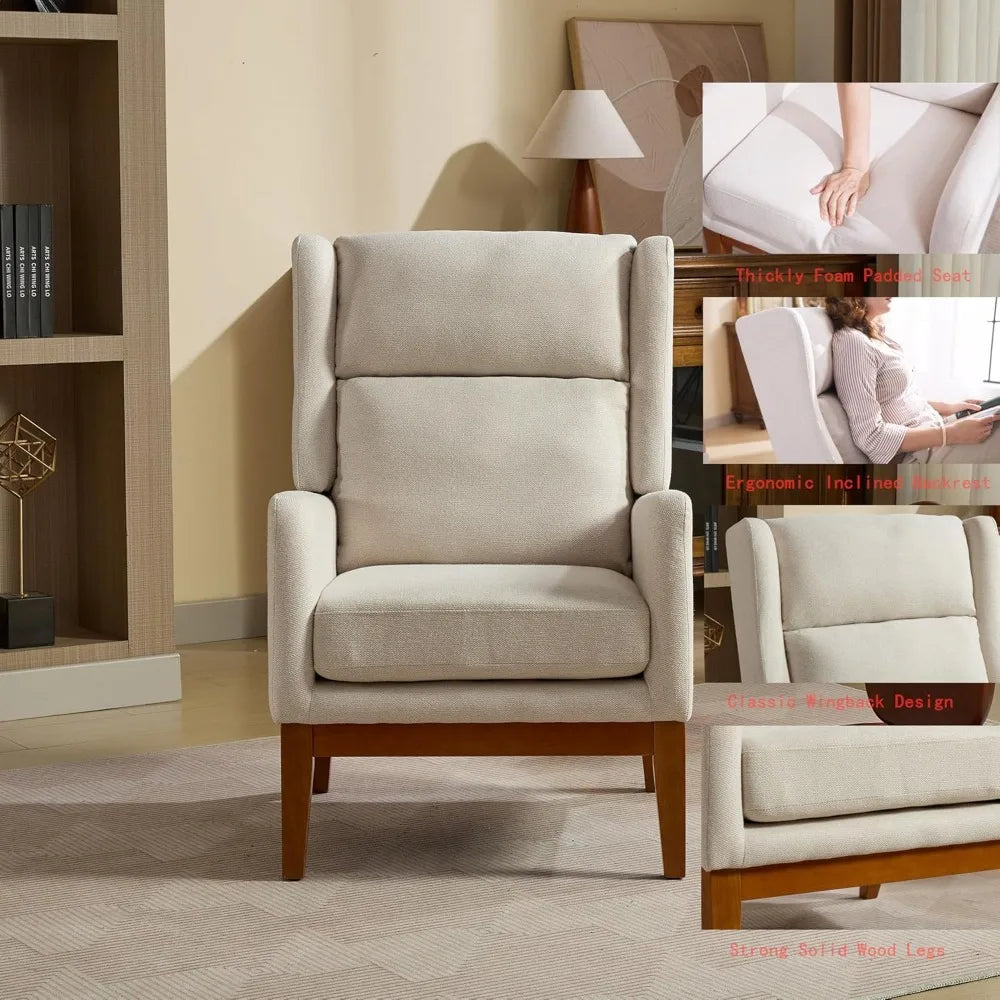 Beige Upholstered Wingback Armchair Mid Century Modern Design