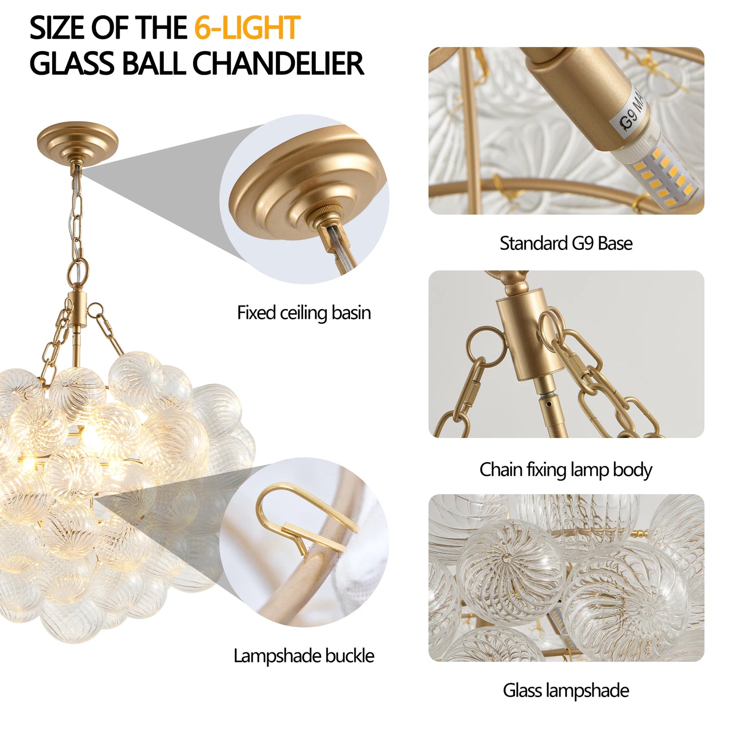 23.6 Inch Gold Pendant Light Chandelier with Clear Glass Shade