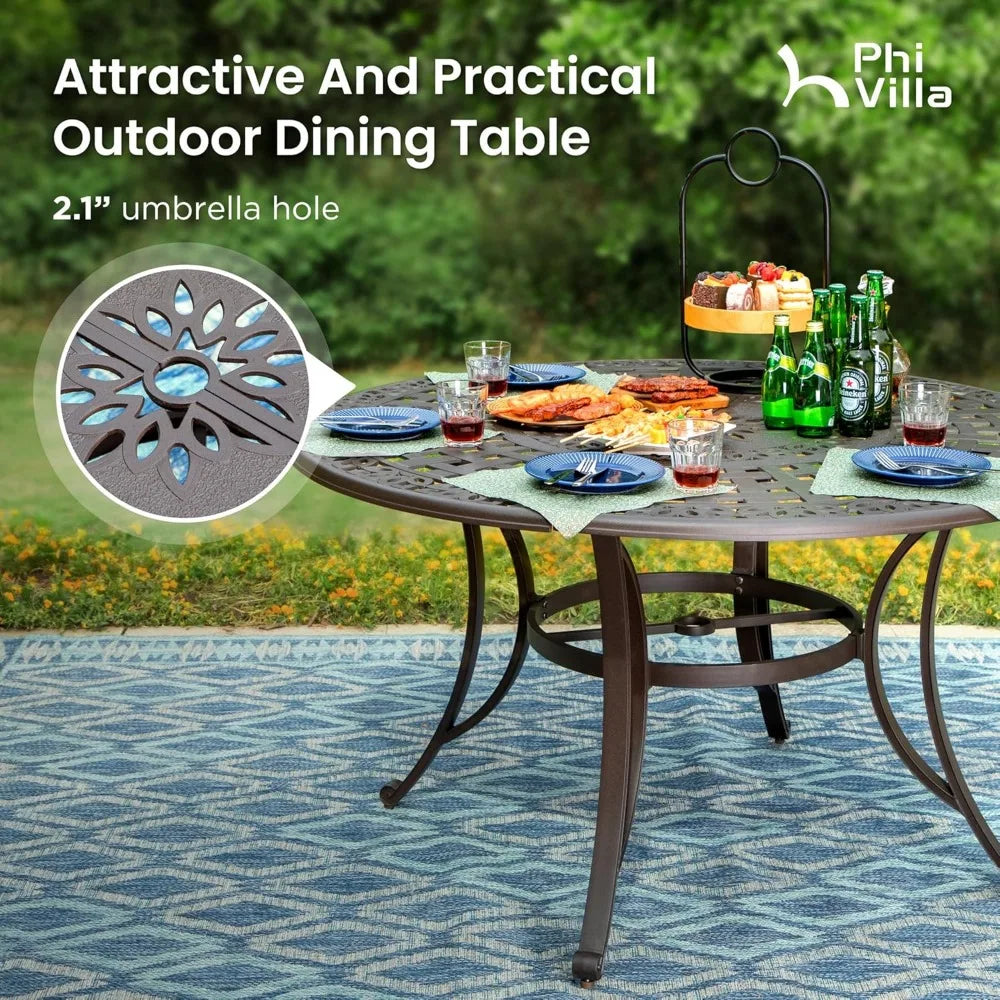 Cast Aluminum Patio Dining Set for Six with Umbrella Hole