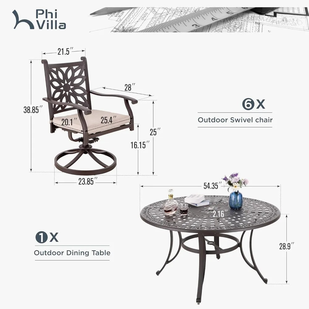Cast Aluminum Patio Dining Set for Six with Umbrella Hole