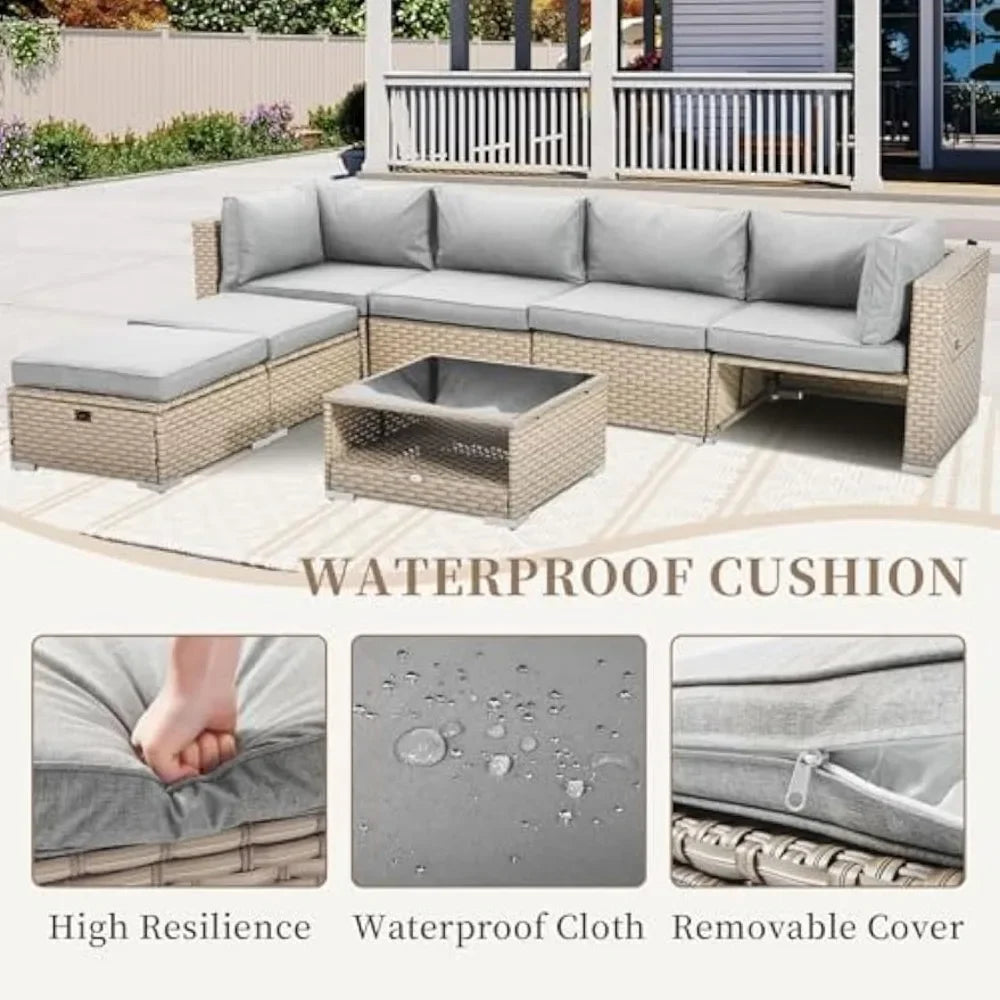7 Piece Boho Wicker Patio Furniture Set for Outdoor Conversation