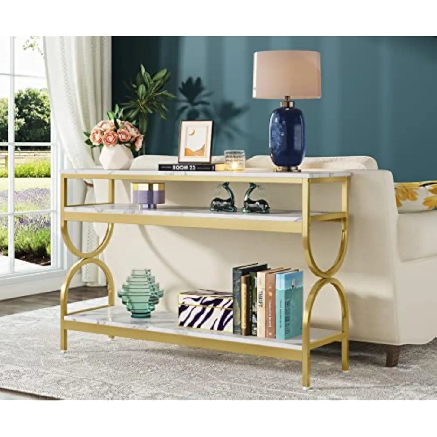 Modern 3 Tier Console Table with Faux Marble Top and Storage Shelves