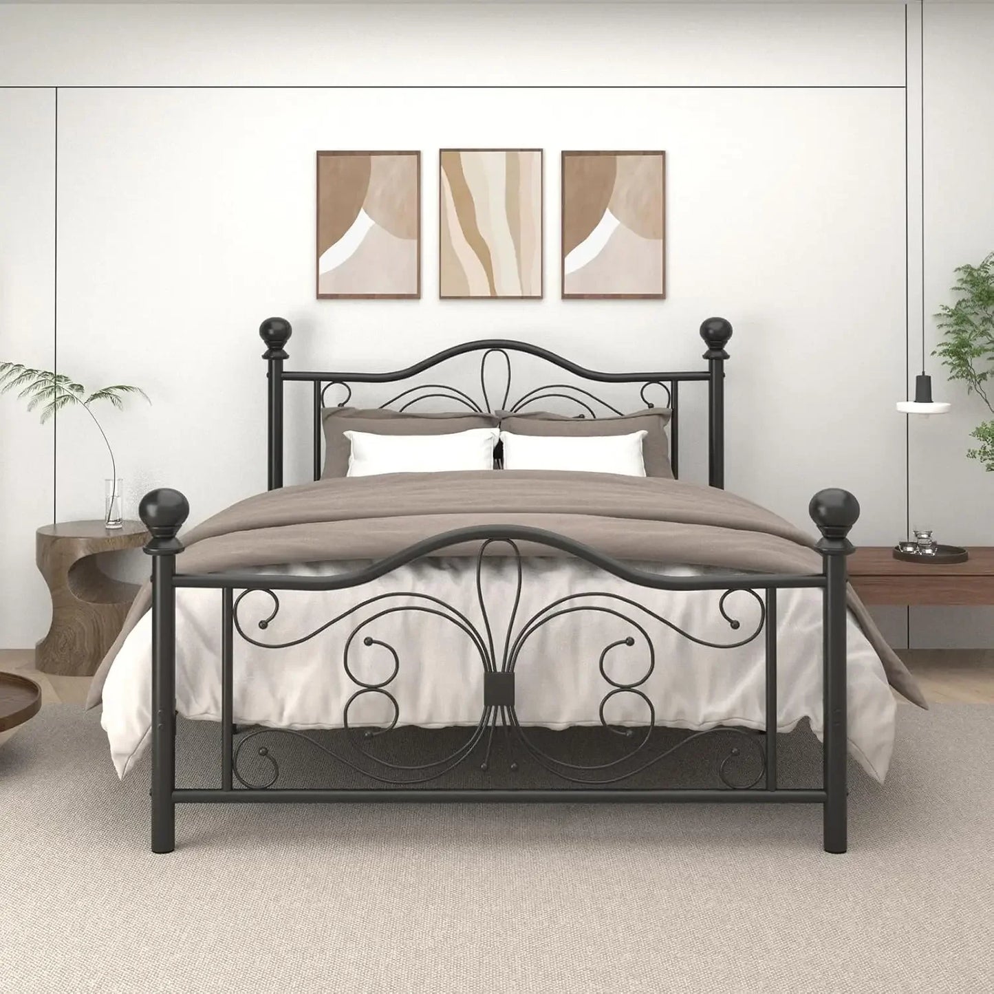 Queen Size Metal Platform Bed Frame with Butterfly Headboard
