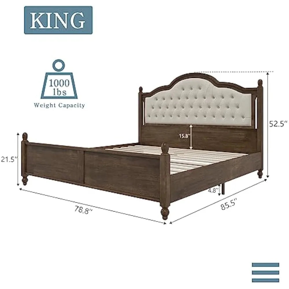 King Size Wood Bed Frame with Upholstered Headboard and Storage