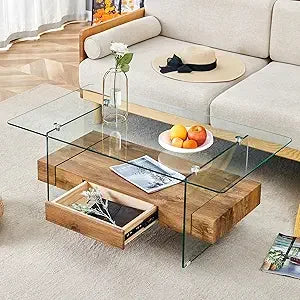 Modern White Rectangle Glass Coffee Table with Storage 43 Inches