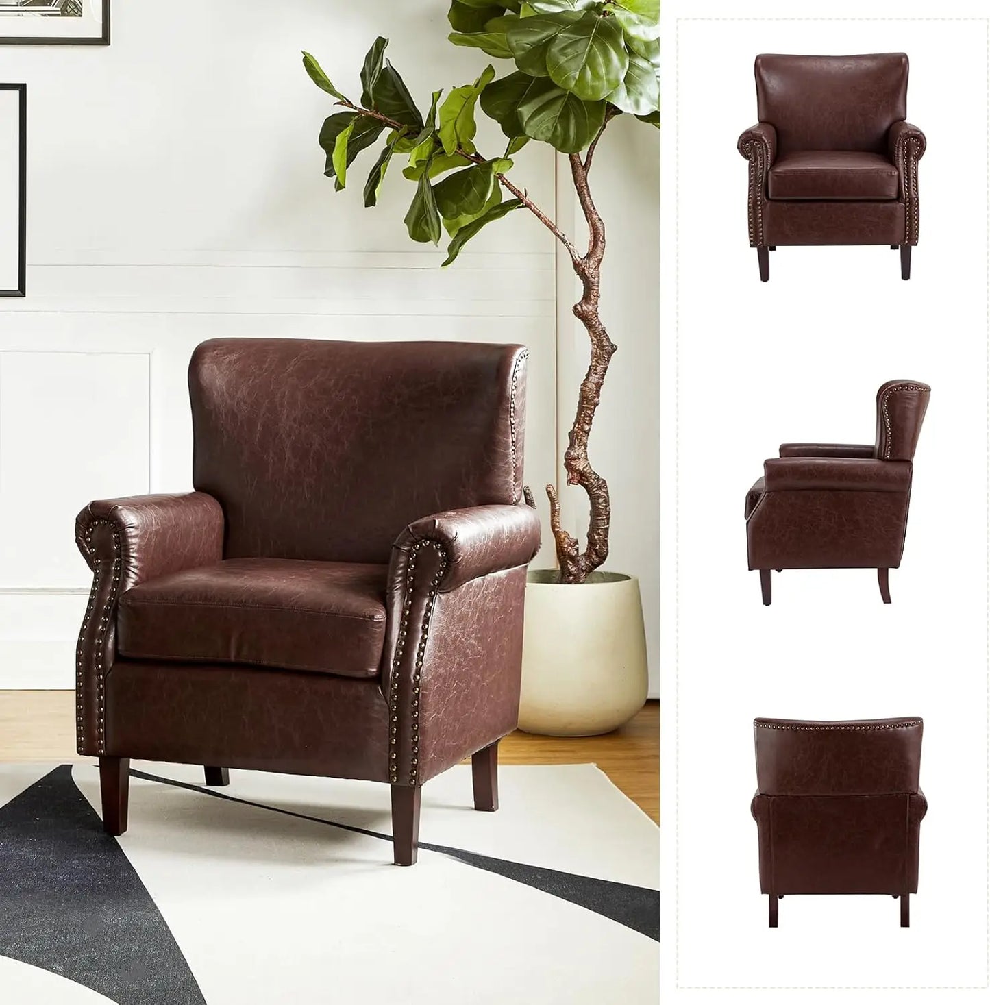 Faux Leather Accent Chairs Set of 2 Comfy Upholstered Brown