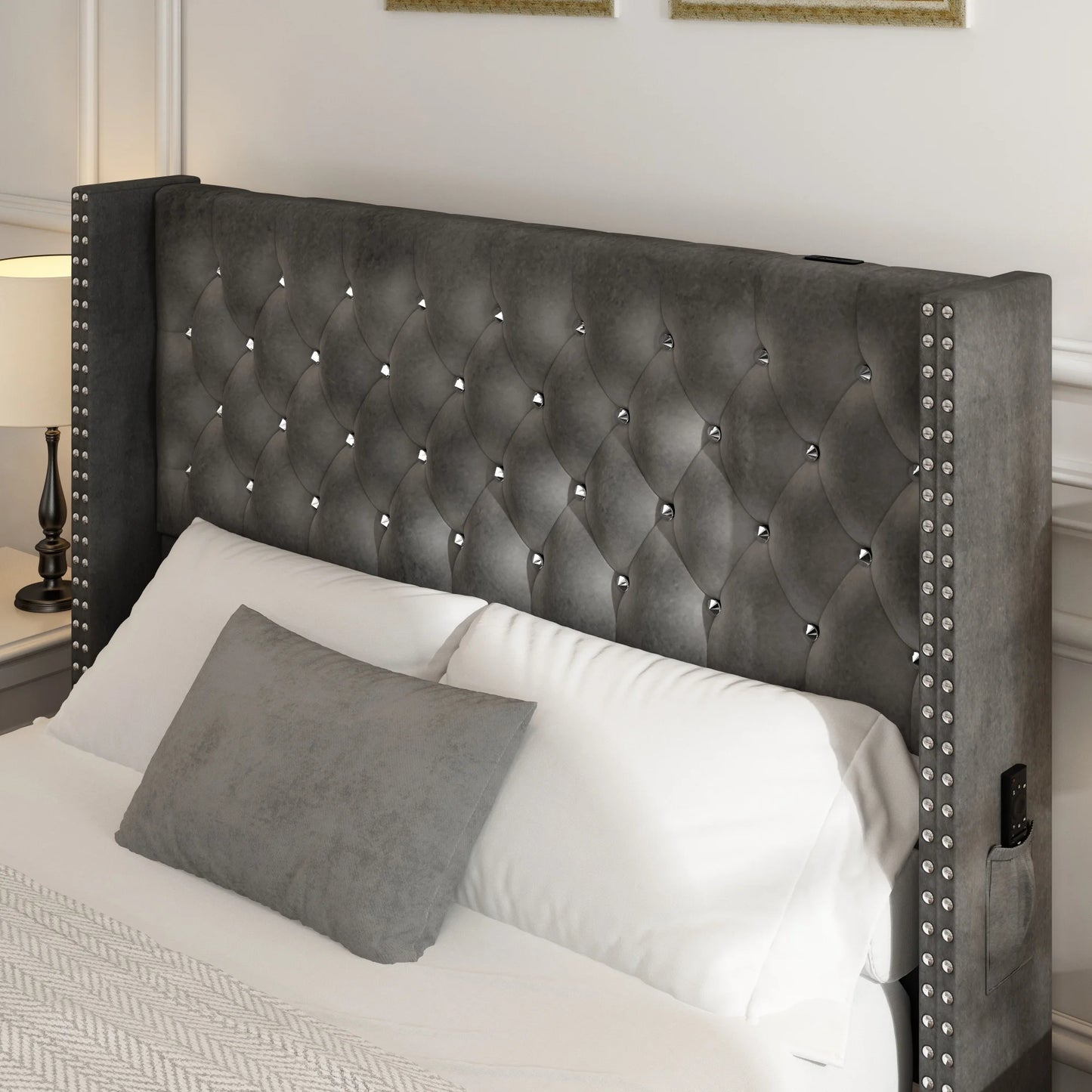 Queen Size Upholstered Bed Frame with Wingback Headboard and LED