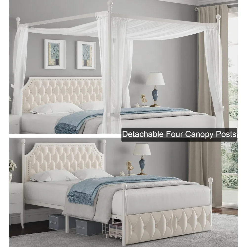 Keyluv Queen Upholstered Canopy Bed Frame with Storage Drawers