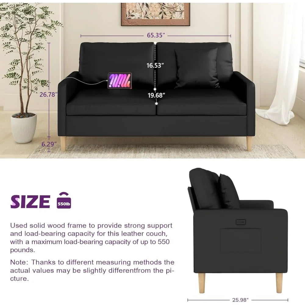 66 Inch Black Faux Leather Sofa Set with USB Mid Century Modern