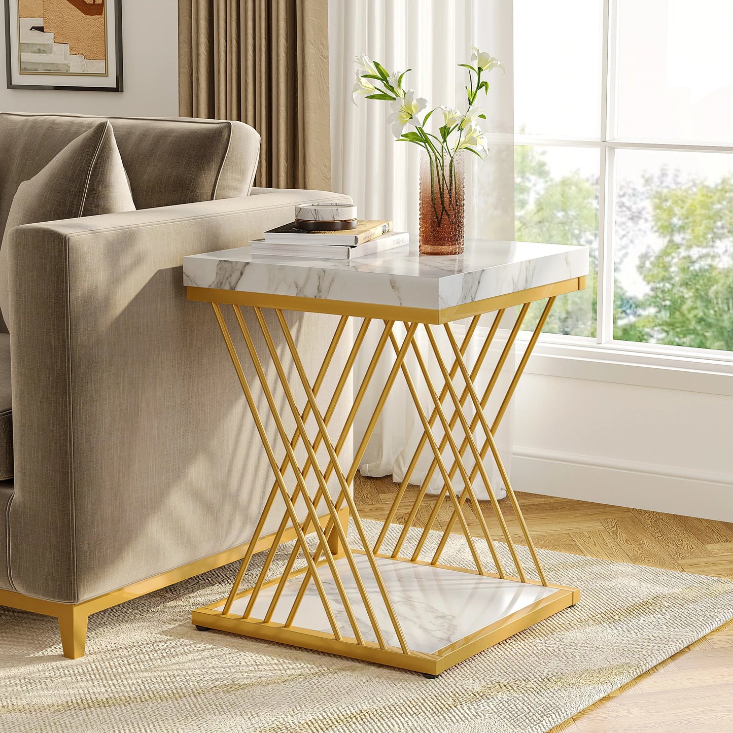 Tribesigns Modern White Gold 2-Tier Square Side Table Set