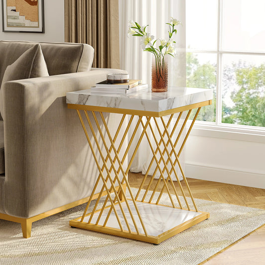 Tribesigns Modern White Gold 2-Tier Square Side Table Set