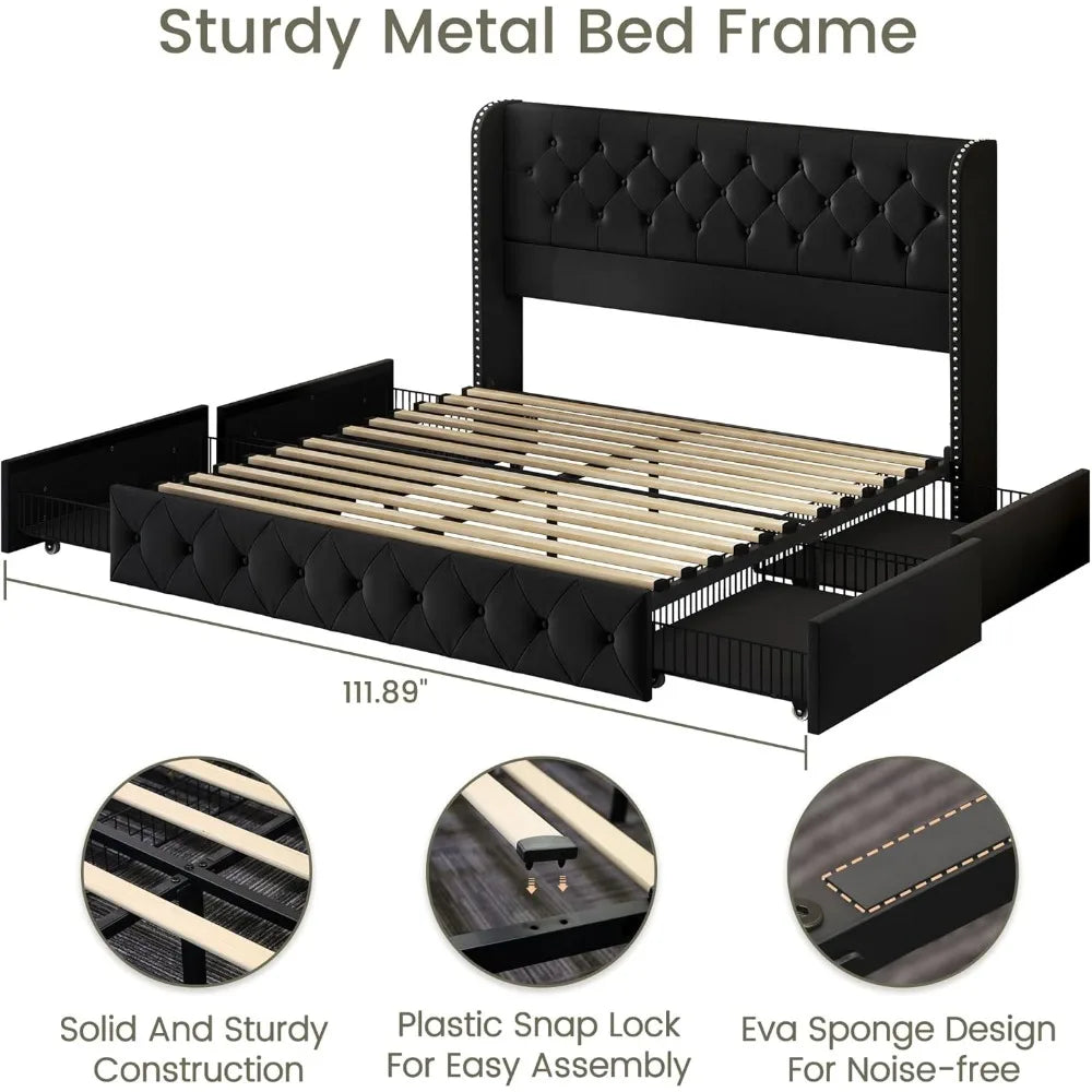 King Size Velvet Upholstered Bed Frame with Storage Drawers