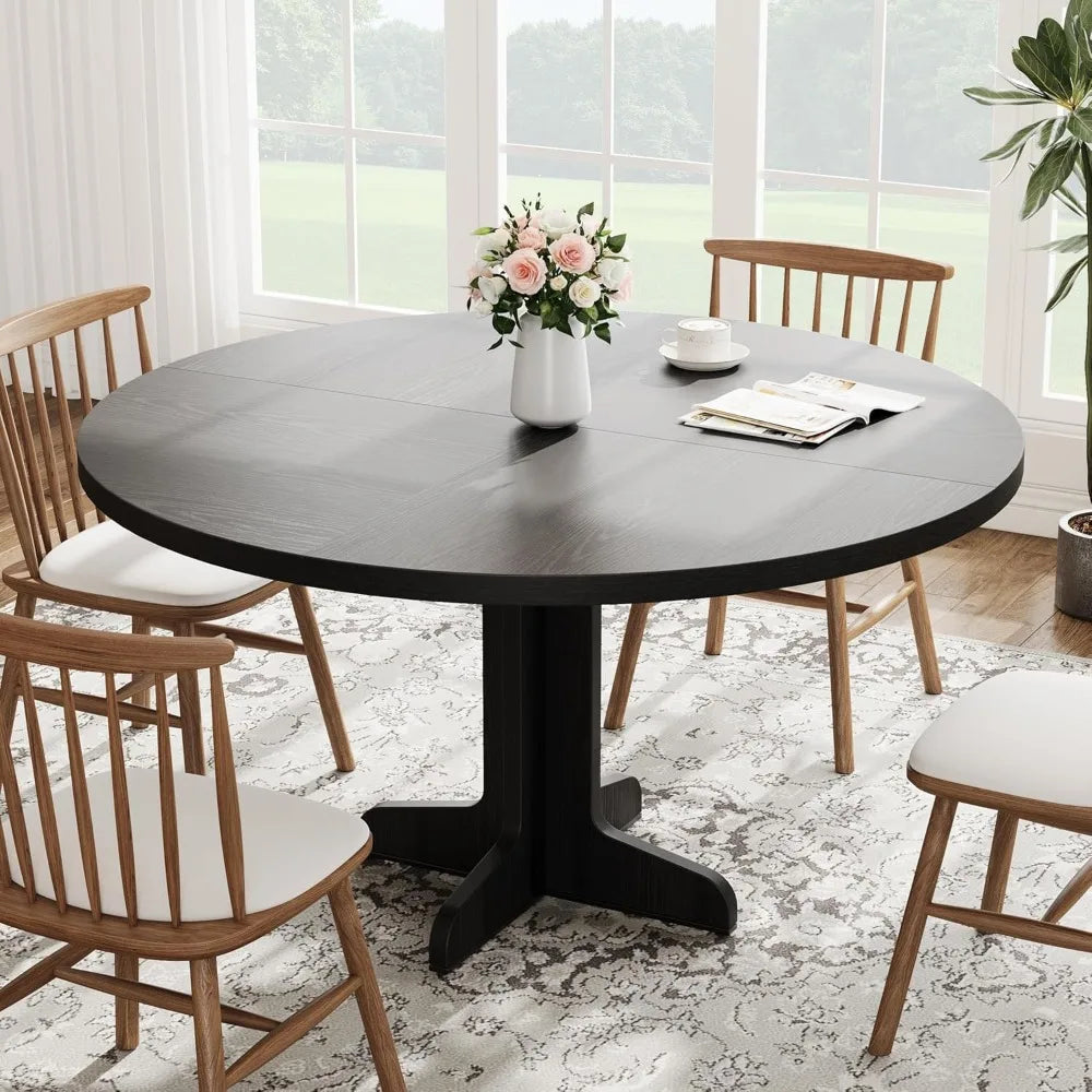Round Dining Table for 4 with Wooden Base 47 Inch Black Circle