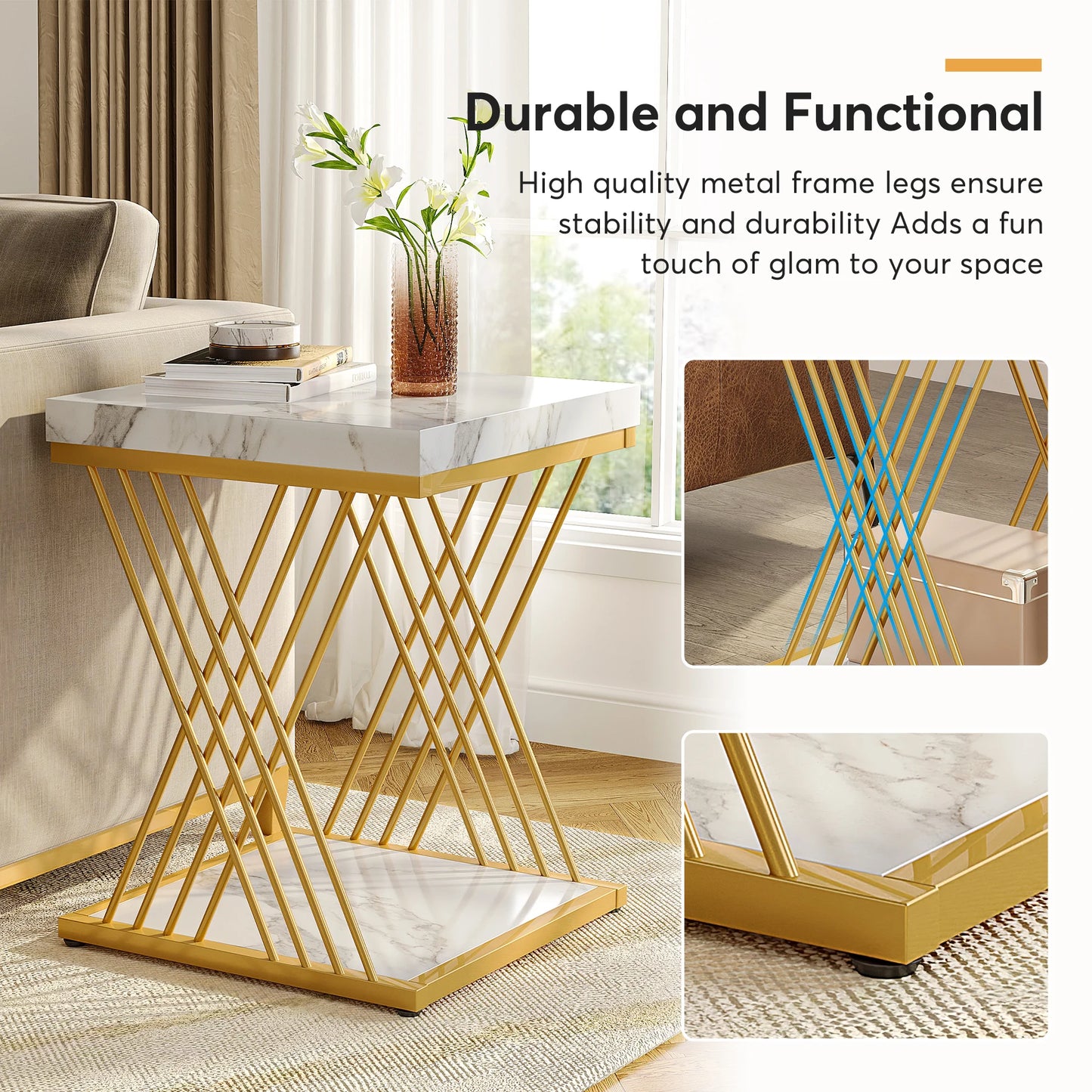 Tribesigns Modern White Gold 2-Tier Square Side Table Set