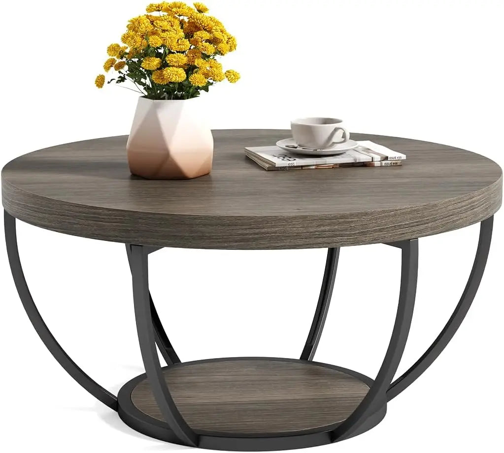 32 Inch Circle Marble Coffee Table with Golden Metal Legs