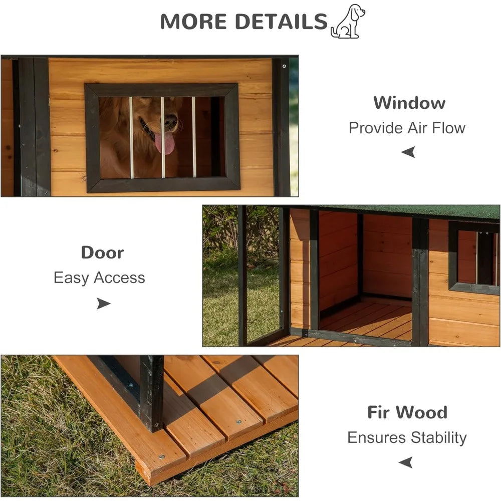 Wooden Raised Outdoor Dog House Cabin Style with Porch and Window