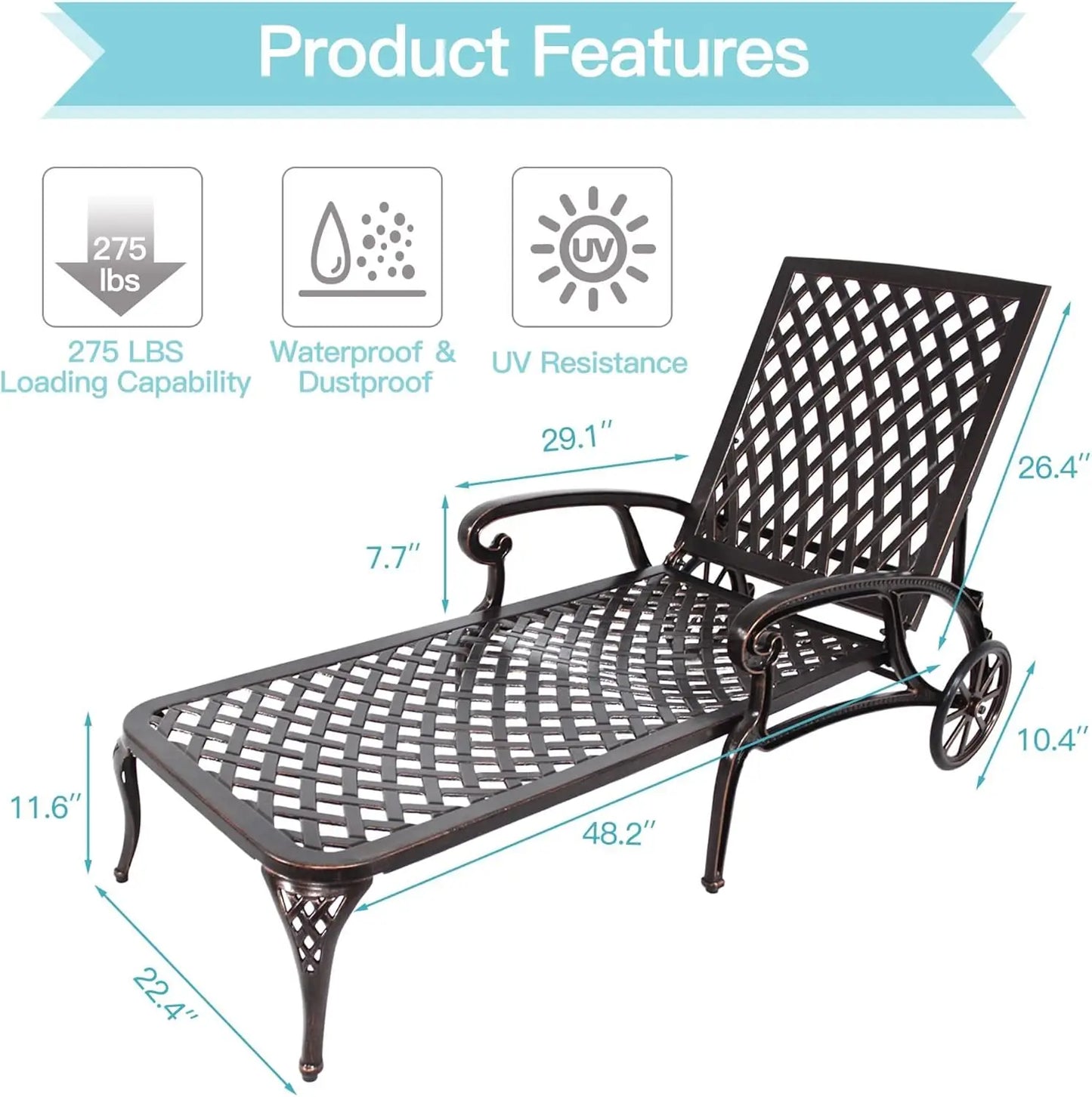 Bronze Chaise Lounge Chairs Set of 2 Adjustable Poolside Loungers