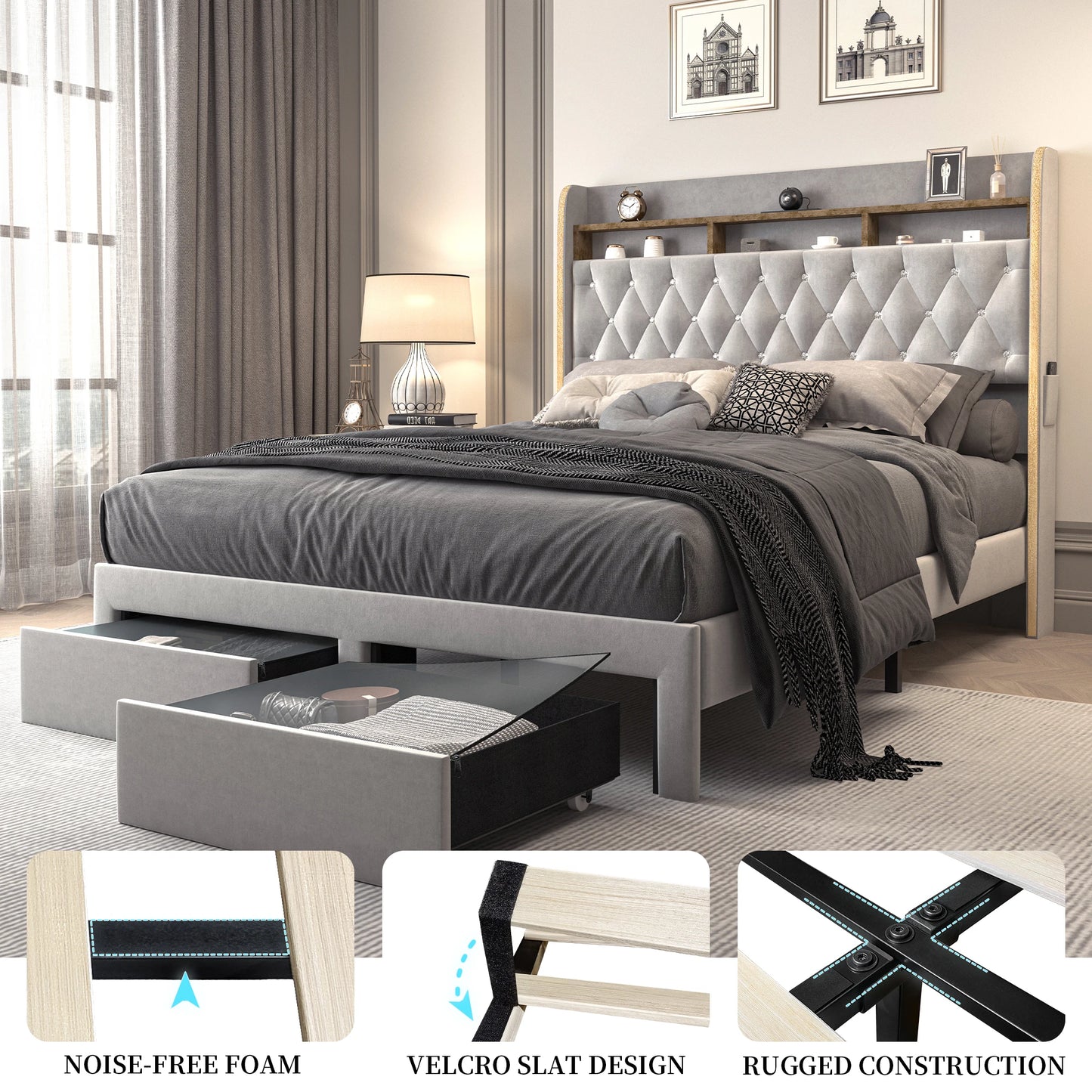 Queen LED Bed Frame with Storage and Star Projector