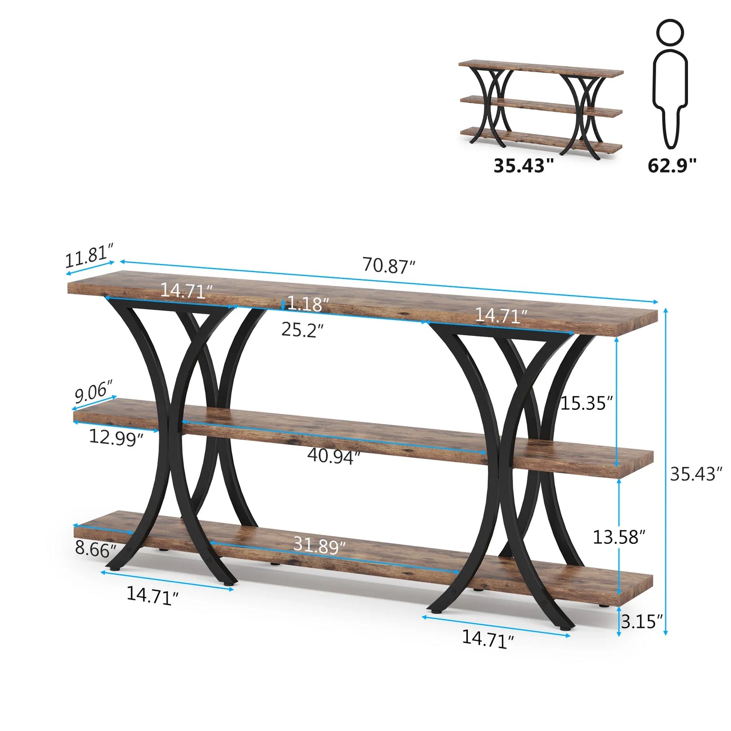Tribesigns 70.8 Inch Narrow Console Table with 3 Tier Shelves