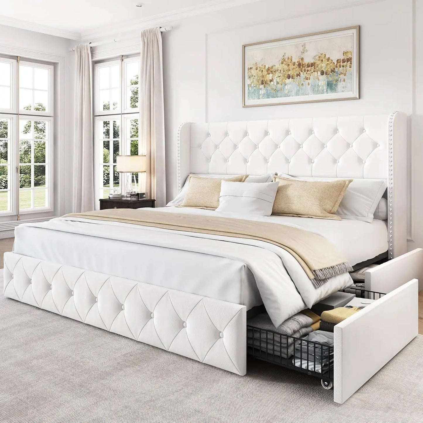 King Size Velvet Upholstered Bed Frame with Storage Drawers