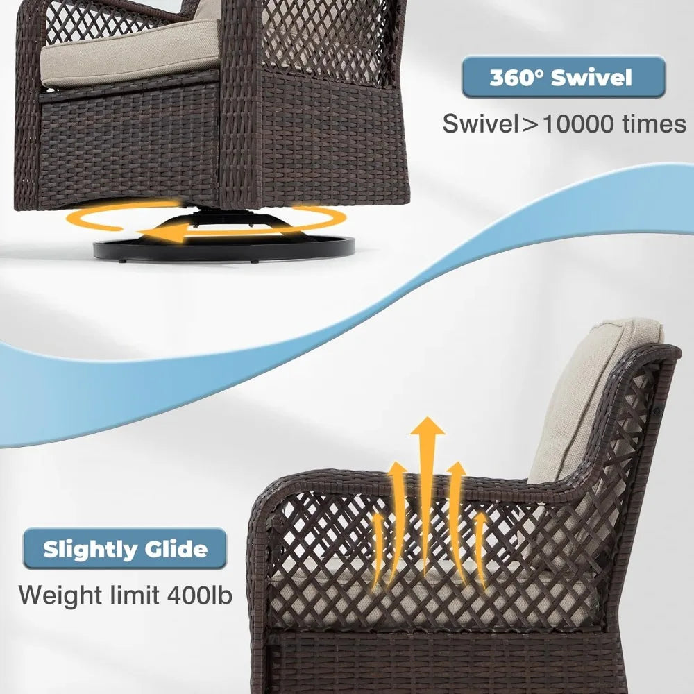 6 Piece Dark Beige Patio Furniture Set with Wicker Swivel Chairs