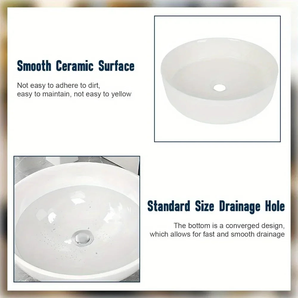 White Ceramic Round Bathroom Sink 16 Inch Countertop Basin
