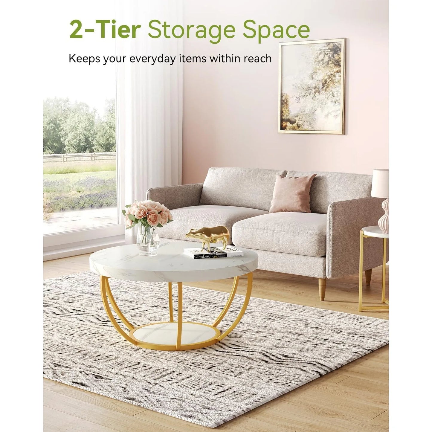 32 Inch Circle Marble Coffee Table with Golden Metal Legs