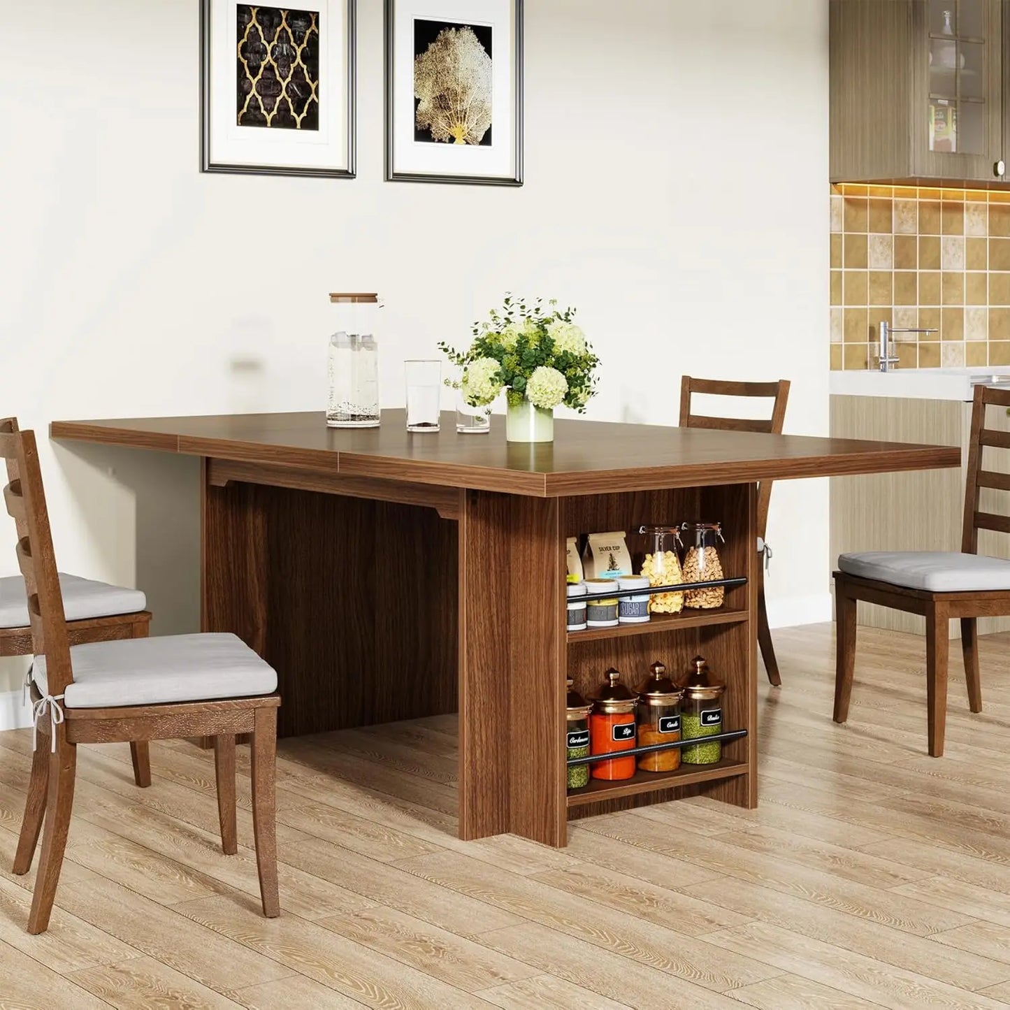 Farmhouse Dining Table for 6 to 8 with Storage 63 Inch Rectangular
