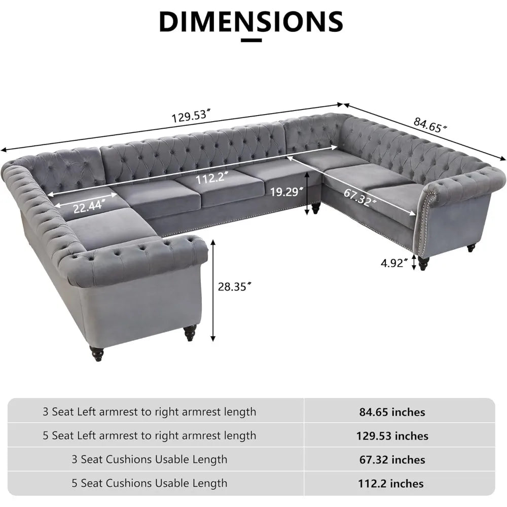 U Shaped Velvet Chesterfield Sofa 9 Seater with Rolled Armrest