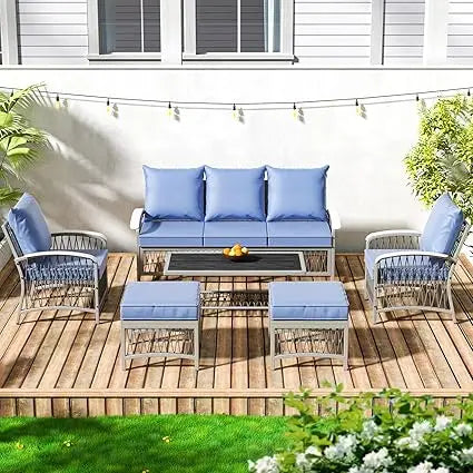 6 Piece Metal Patio Furniture Set with Cushions and Ottoman