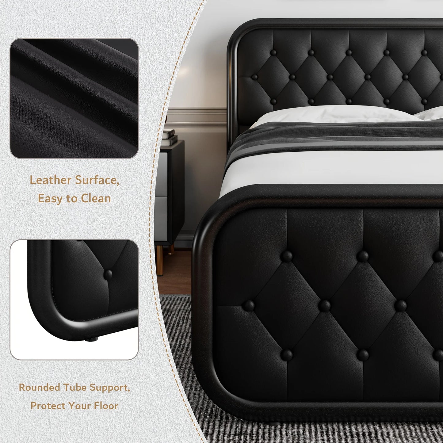 Classic Metal King Full Size Bed Frame with Faux Leather Headboard