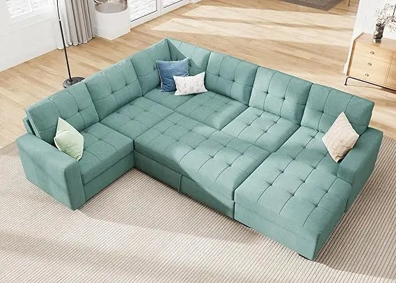 Beige U Shaped Sleeper Sectional Sofa With Storage Chaise