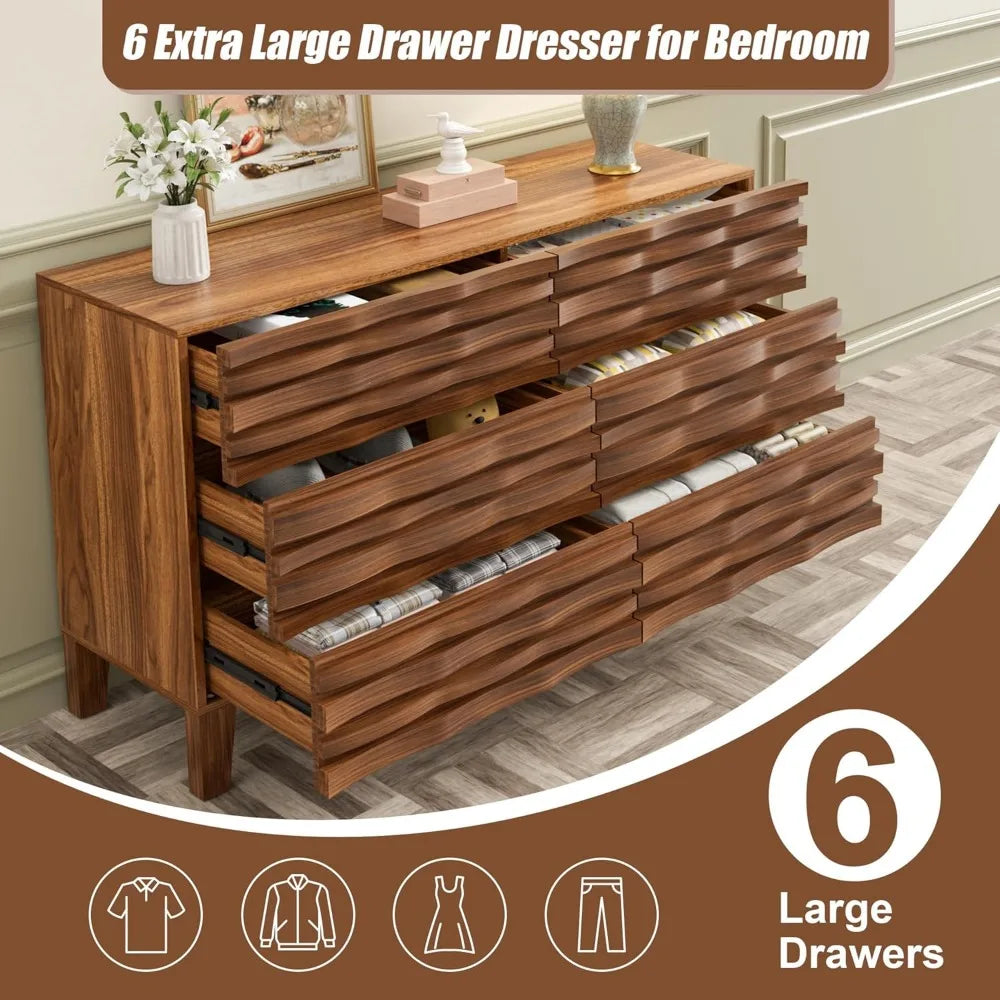 Mid Century Modern Solid Wood 6 Drawer Dresser for Bedroom