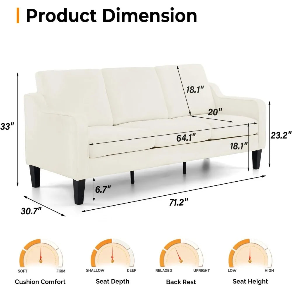 Comfy 71 Inch Mid Century Modern 3 Seater Sofa in Creamy White