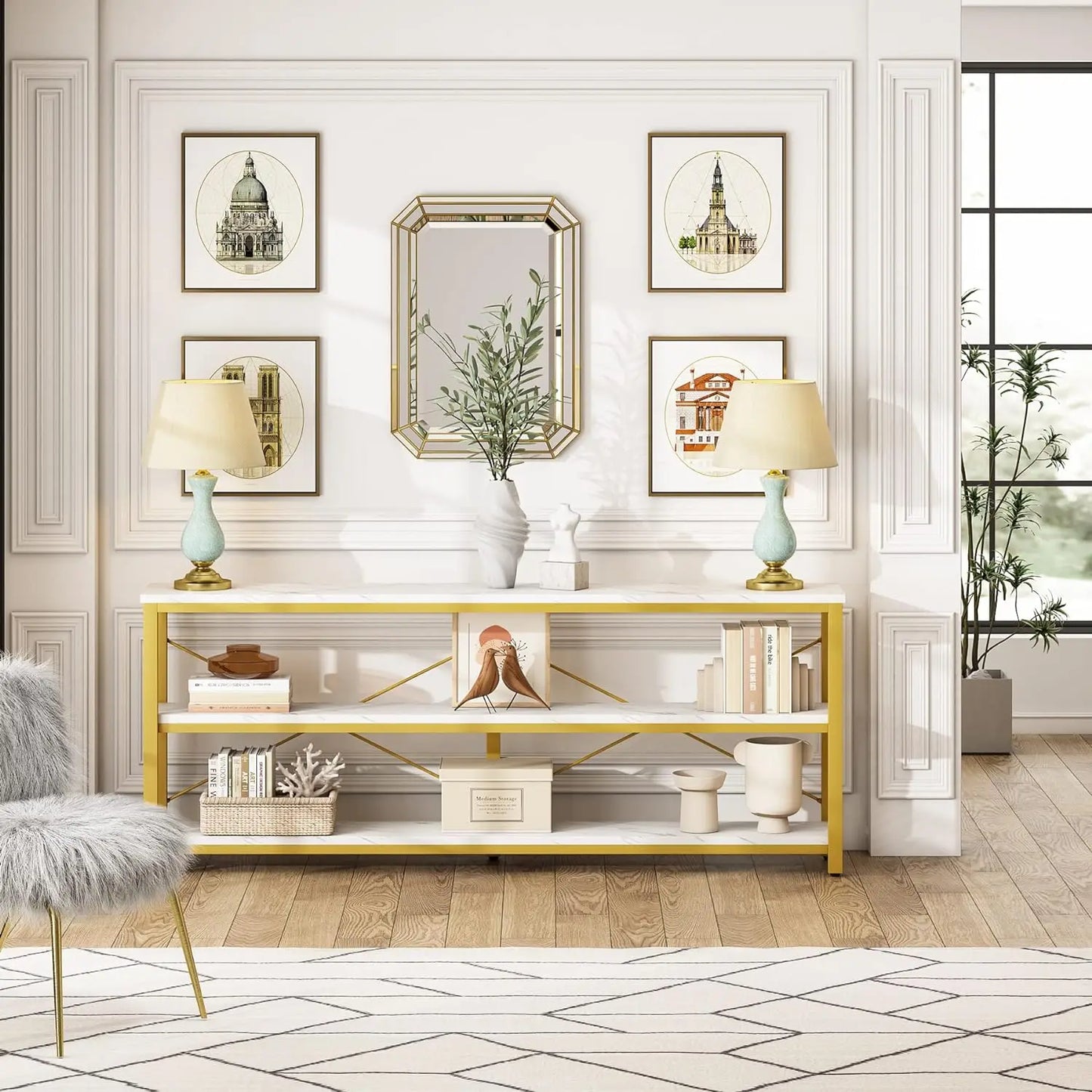 Modern 71 Inch Sofa Table with 3 Tier Storage Shelves