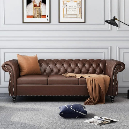 Chesterfield Leather Sofa 3 Seater Mid Century Tufted Couch