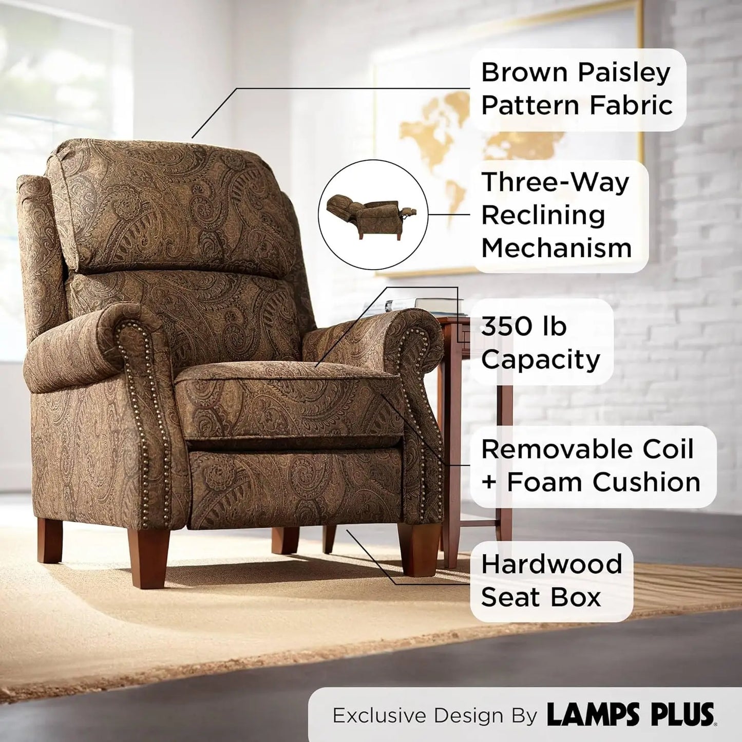 Beaumont Warm Brown Paisley Recliner Chair for Comfort and Style
