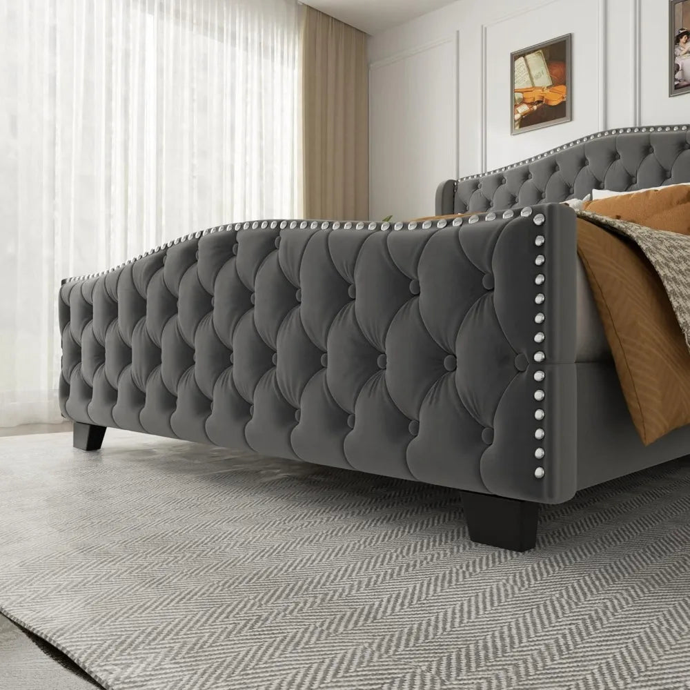 Queen Size Platform Bed Frame with Camelback Headboard and Storage