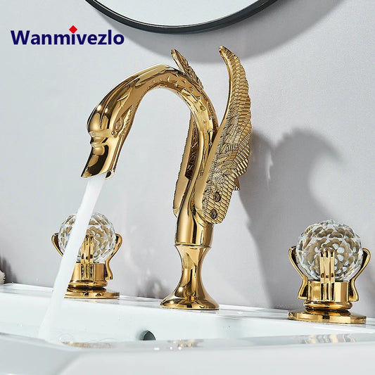 Wanmivezlo Gold Swan Basin Faucet with Dual Crystal Handles