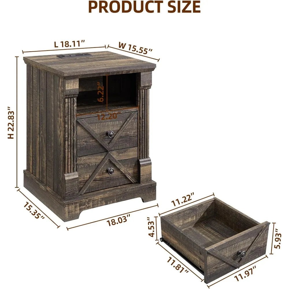 Rustic Nightstand with Charging Station and Barn Door Design