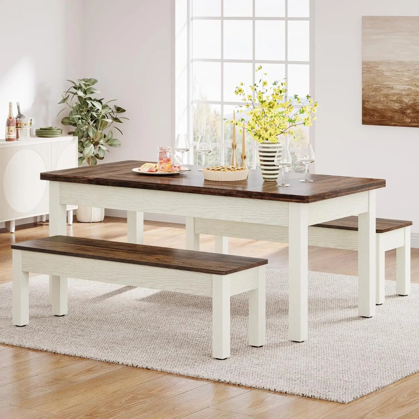 Farmhouse Wooden Dining Table Set for 4 to 6 with Benches