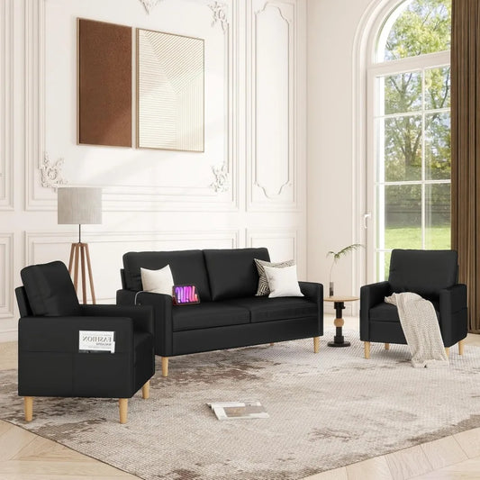 66 Inch Black Faux Leather Sofa Set with USB Mid Century Modern