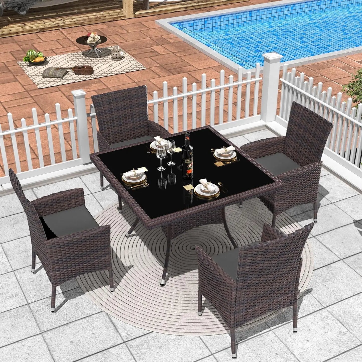 5 Piece Rattan Patio Dining Set with Cushions and Navy Blue Chairs